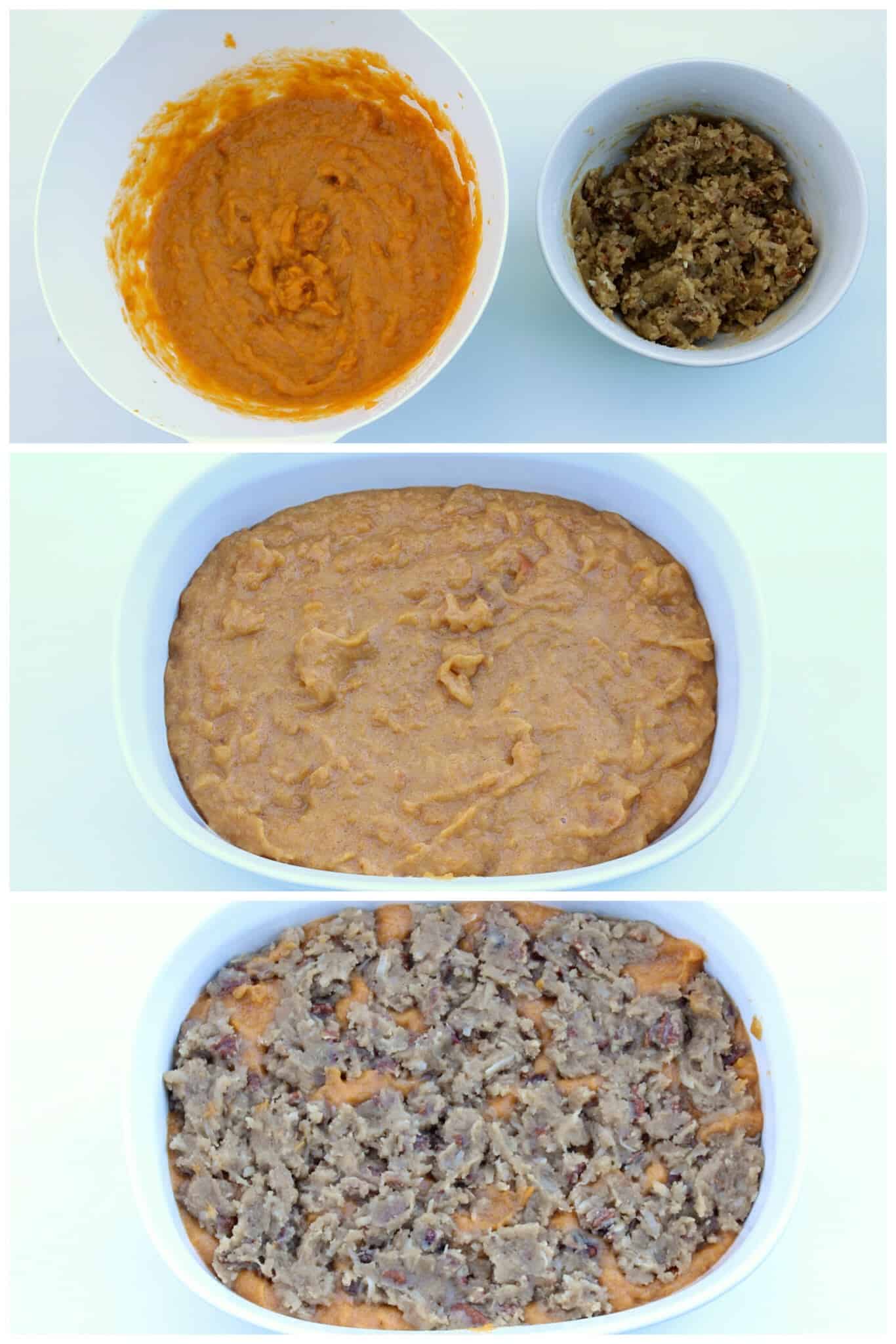 4 separate images of the steps to making a sweet potato casserole