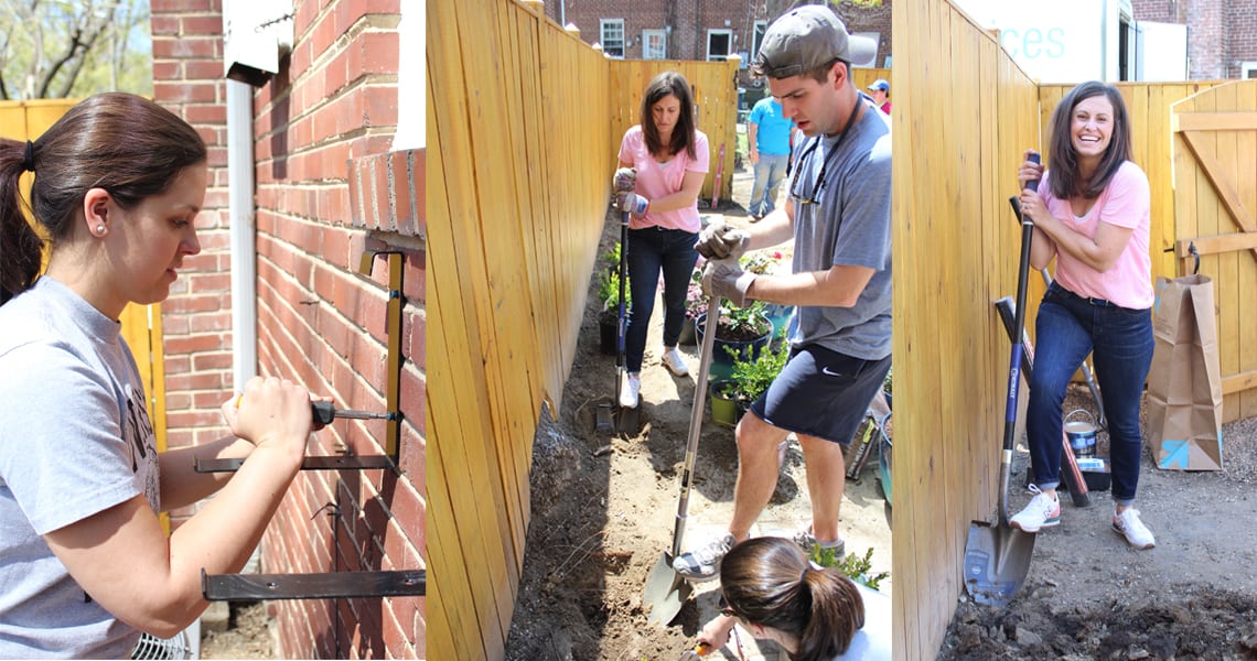 Backyard and patio makeover homeowners working