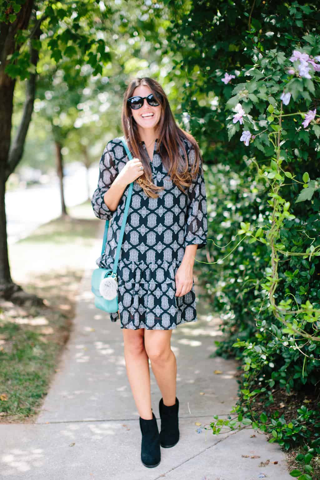 Fall Transition Outfit: Drop Waist Dress & Ankle Booties