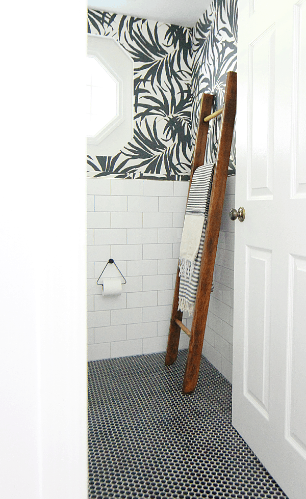 Black White Modern Boho Bathroom, White Subway Tile Shower With Black Penny Floor